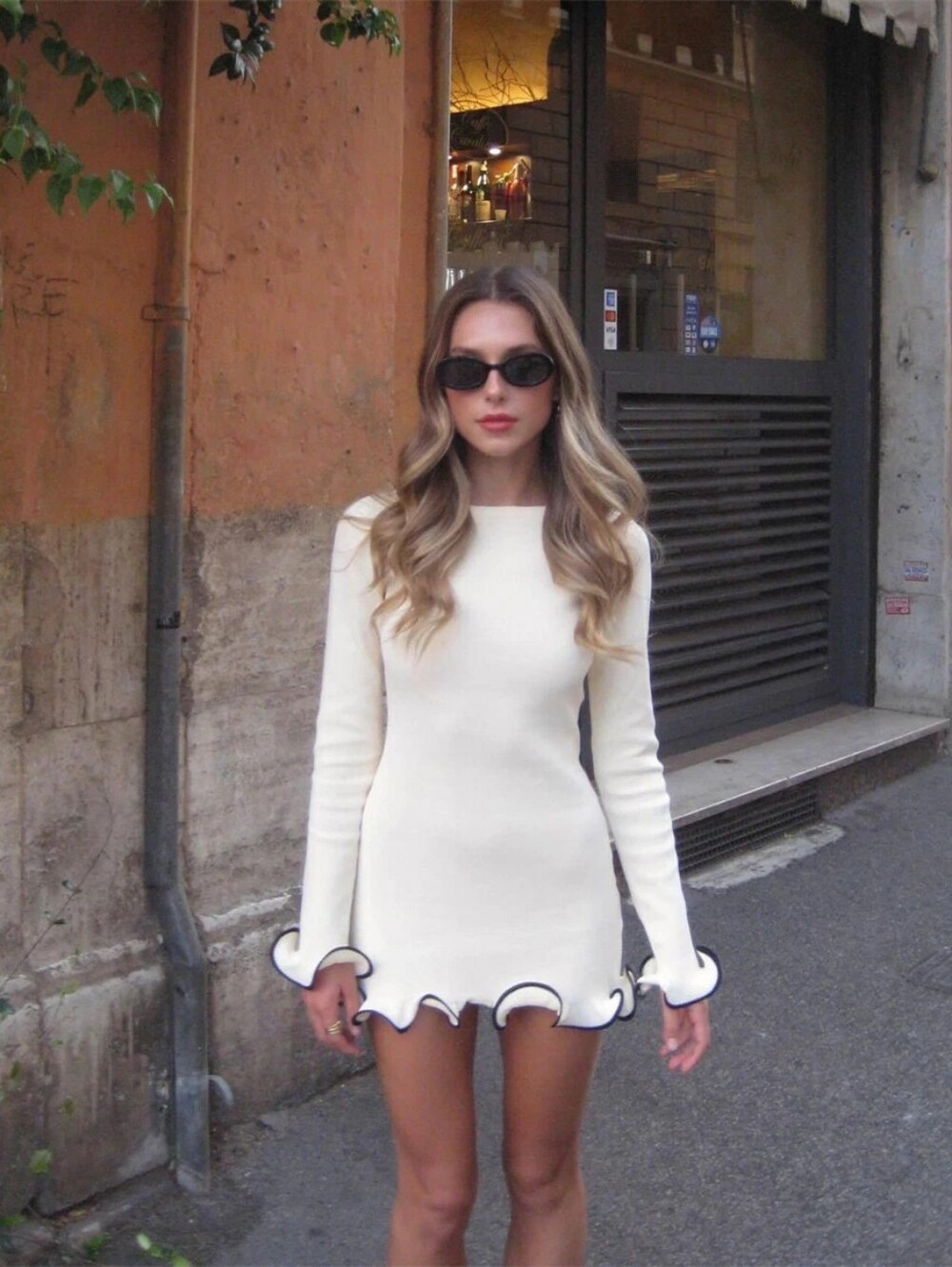 NWT Black & White Ruffle-Hem Long Sleeve Knit Mini Dress Coquette Neutral